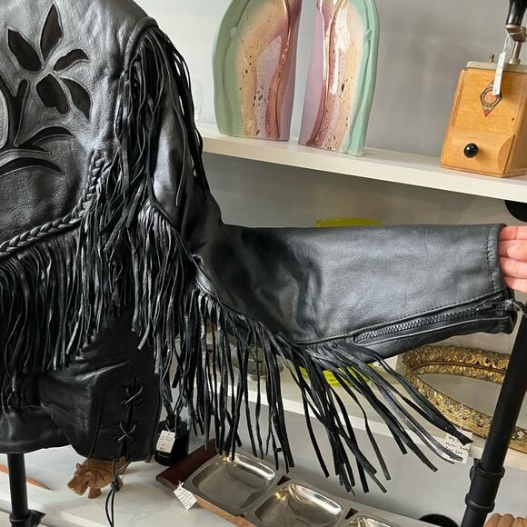 Vintage 80’s UNIK Fringe Leather Black Jacket Small/ Medium - Picture 3 of 12